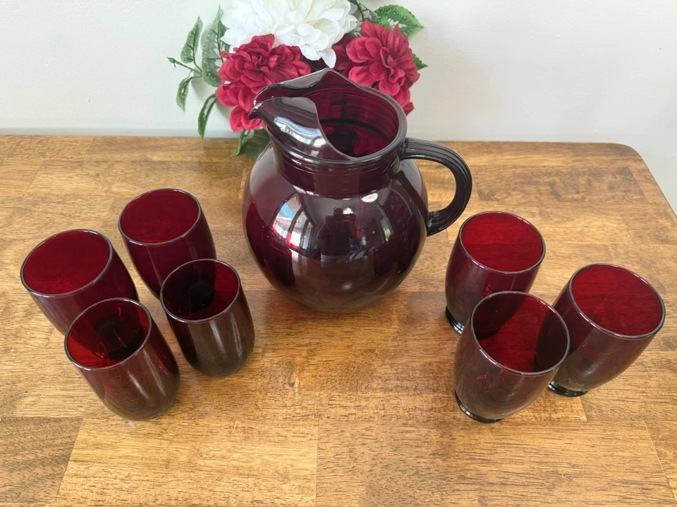 Vintage Anchor Hocking Ruby Red Glass Pitcher and Glasses Set Royal Ruby - Image 2 of 4