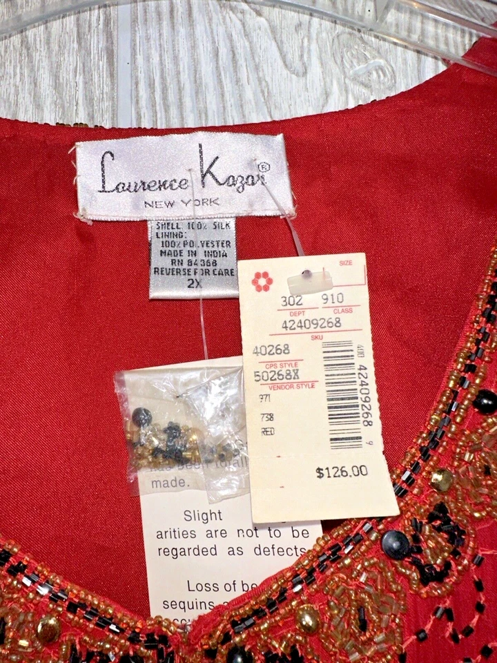 Chaqueta abierta Laurence Kazar 100 % seda pura vintage nueva con etiquetas 2XL roja y dorada con cuentas Foto 3 de 4