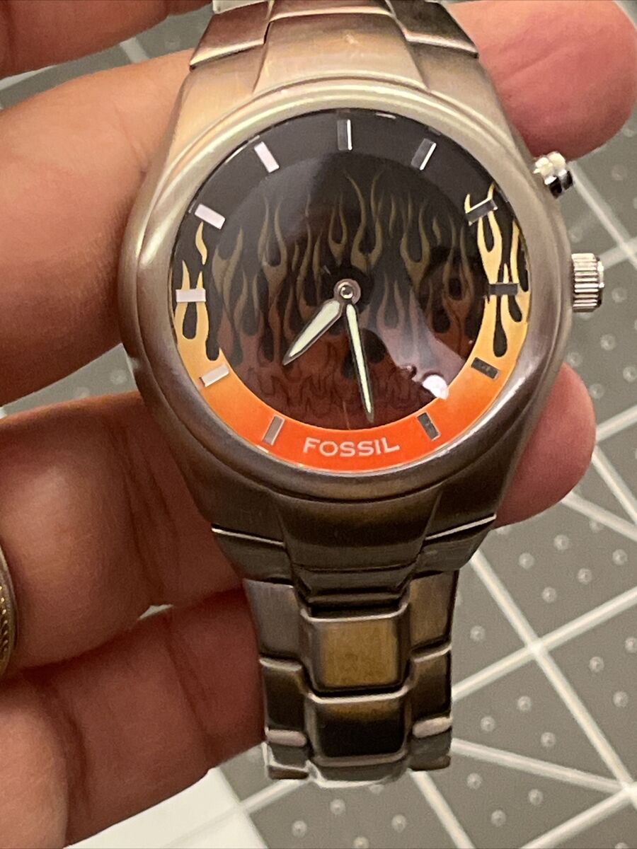 Fossil Big Tic Watch Men Silver Tone Flame Animation JR-8115 Fossil Big Tic Watch Men Silver Tone Flame Animation JR-8115