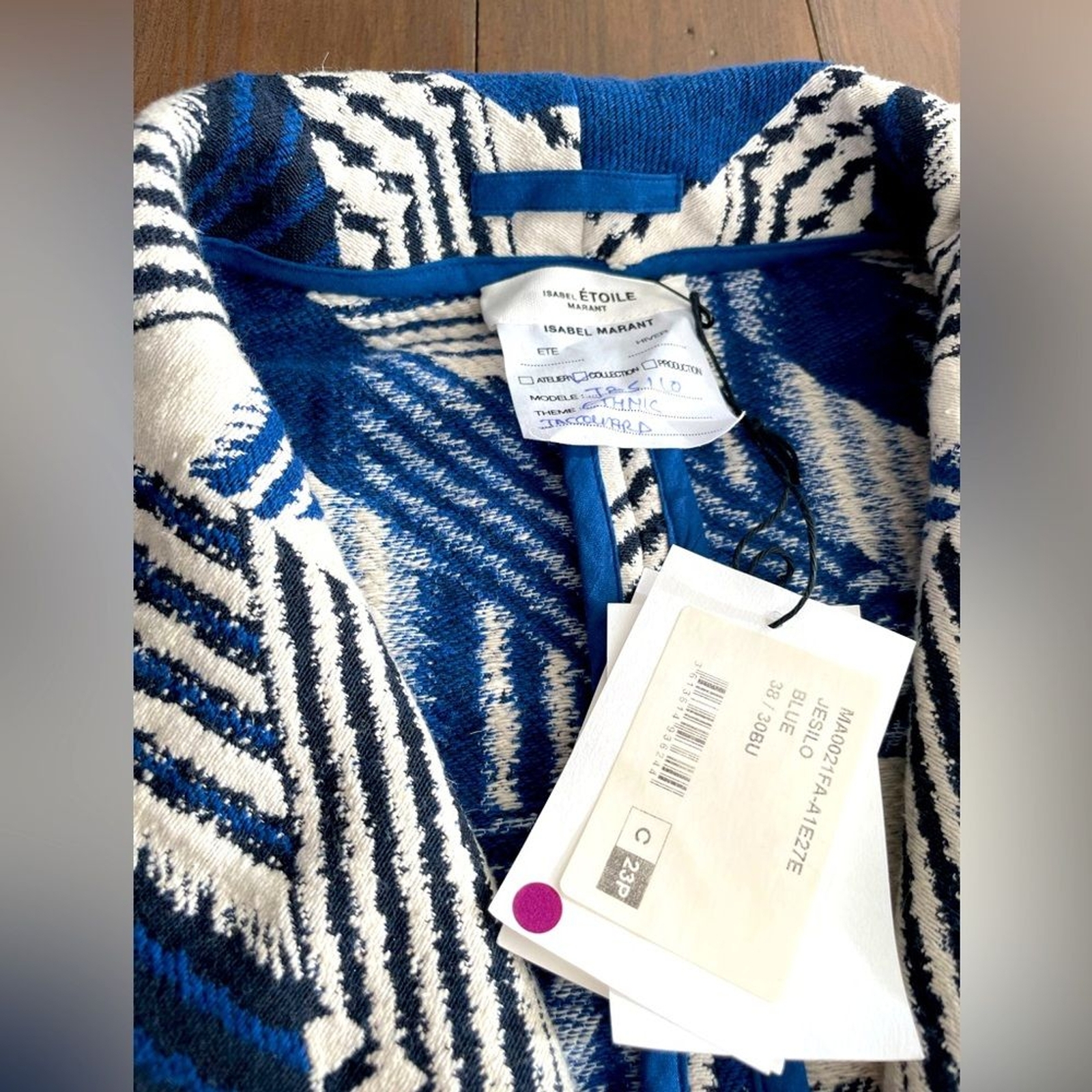 RRPUS $795 RARE MARANT ÉTOILE geometric-print frayed jacket in blue NWT image 6