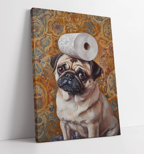 OIL PAINT STYLE PUG DOG FUNNY BATHROOM ART -FRAMED CANVAS WALL ART PICTURE PRINT - Picture 1 of 2