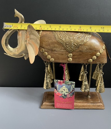 Jewel Of Mumbai Trunk Up Wood Elephant Brass Bells Statue Sculpture NWT AS IS - Picture 15 of 22
