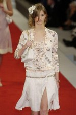 CHANEL SKIRT Beige Gold Metallic Tweed 44 12 US Woven Panel VINTAGE Runway