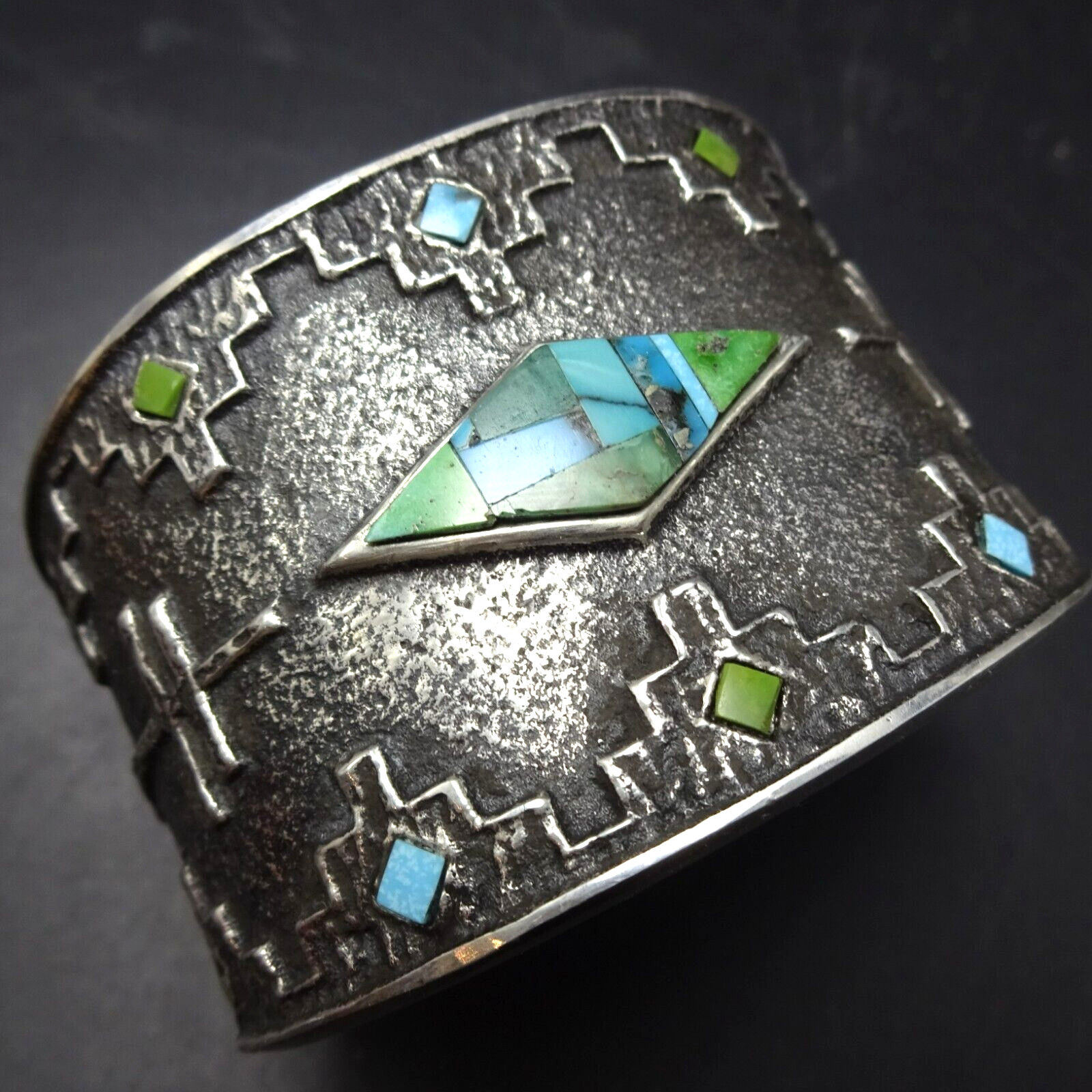 Aaron Anderson NAVAJO Tufa Cast Sterling Silver Cuff BRACELET w/ TURQUOISE INLAY