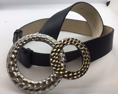 Chico's Belt S/M Black Pebbled Hammered Metal Gold Silver Circle