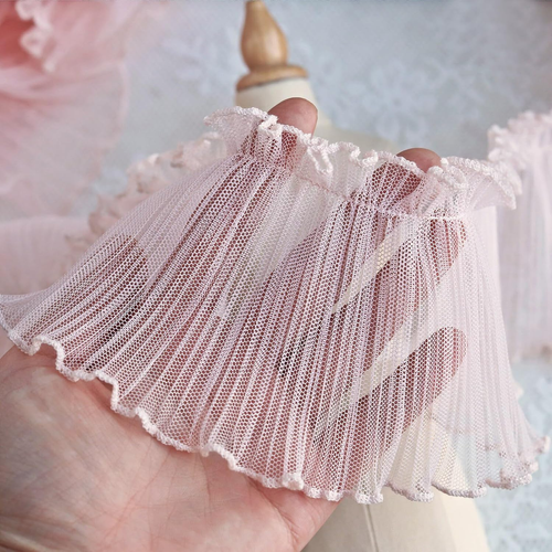 9Cm/3.5" Width Pleated Net Lace Trim, Ruffle Lace Trim, White/Pink/Black, Perfec - Picture 3 of 6