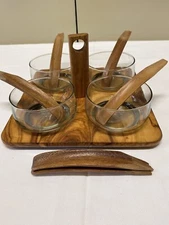 MCM Retro Olive Wood Condiment Set w Serving Tray/4 Glass Bowls/Spoons Spain