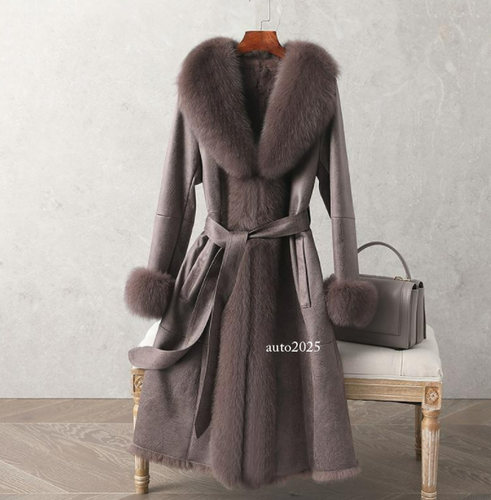 Real Fox Fur Collar Womens Rabbit Fur Lining Parkas Genuine Leather Thicken Coat - Picture 6 of 29