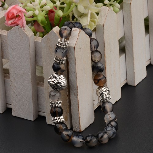 8MM Fashion Men's Natural Stone Gold/Silver Lion Buddha Beaded Charm Bracelets - Picture 25 of 59