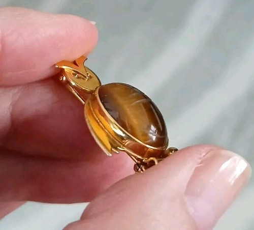 Vintage 14KT GF Tigerauge Skarabäus Eule Brosche Anstecknadel gemarkt WRE - Bild 4 von 5