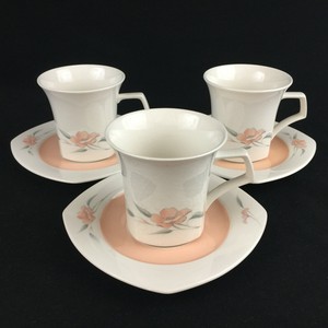 Set-of-3-VTG-Cups-and-Saucers-by-Nikko-Peachglow-Quadrille-Peach-Floral-Japan