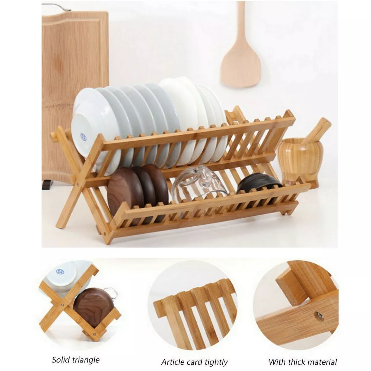 Bamboo Wood Dish Drainer Plate Rack Stand Cup Holder Folding Dish