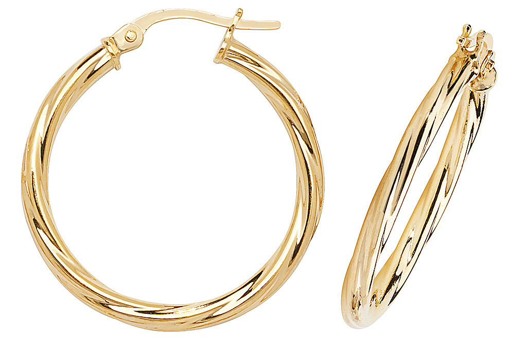 9CT YELLOW GOLD HOOP EARRINGS - TWISTED DESIGN - 20MM DIAMETER - SOLID 9CT GOLD