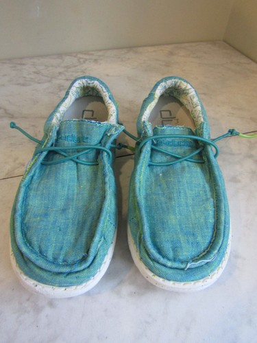 Hey Dude Wally Youth Teal/Lime Linen Lace Up Sneaker Shoes Youth 1 EU 33