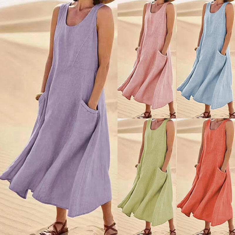 Women Casual Sleeveless Linen Tank Dress Summer Beach A Line Maxi Dress Sundress