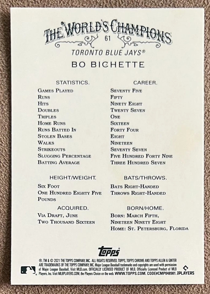 2021 Topps Allen & Ginter Chrome Refractor Bo Bichette Toronto Blue Jays #61 - Image 2 of 2