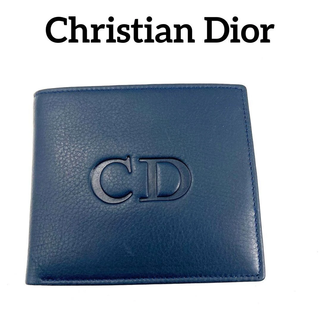 Portefeuille Christian Dior bi pliant couleur cuir bleu marine rouge bon état