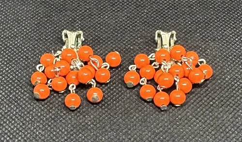VINTAGE - Bright Orange Clip On Earrings - Silver Metal - Costume Jewelry