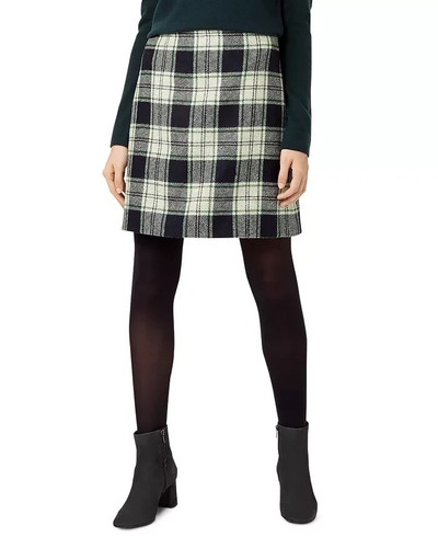 HOBBS LONDON ELEA NAVY BLUE WHITE GREEN CHECKED PURE WOOL LINED SKIRT UK 8