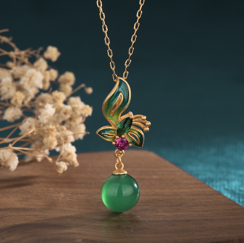 Collar Colgante de Cristal de Jade Dije Cadena Enchapada en Oro 18K Flor Piedra Preciosa Dolorosa - Imagen 6 de 6