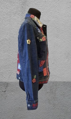 Denim Upcycled Western Appliqué Jacket Liz & Co Sz M - Picture 4 of 5
