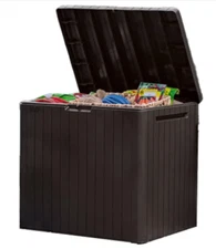 Keter City 30 Gallon Resin Outdoor Storage Box & Side Table for Pool, Garden