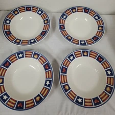 TIENSHAN AMERICANA   (4) SOUP CEREAL BOWLS  PATRIOTIC STARS STRIPES  8 3/4"