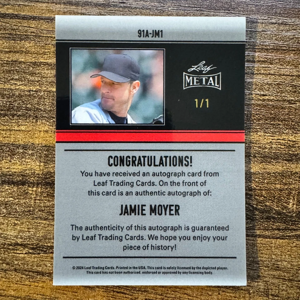 2024 Leaf Metal Jamie Moyer #91A-JM1 1991 Gold Mojo Refractor Auto #1/1 Mariners - Image 2 of 2