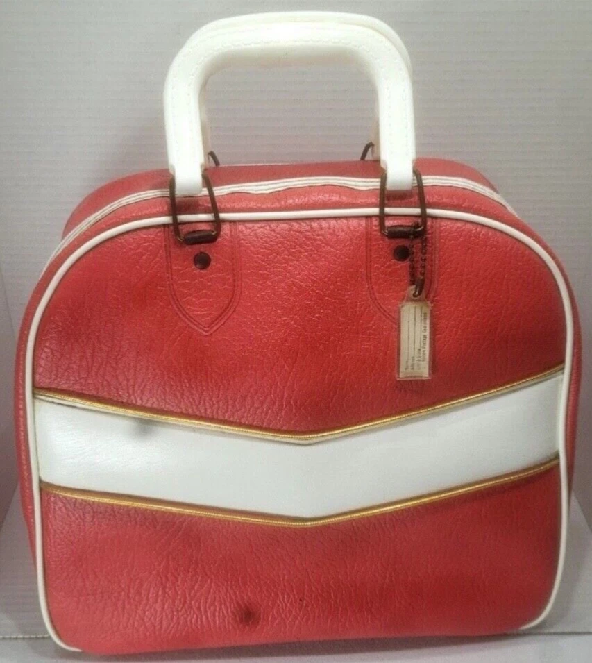 Vintage Retro bowling ball bag with solid red-white stripe.