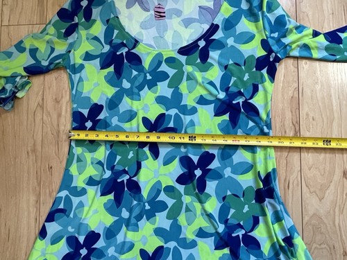 Grün blau geblümt 60er Jahre inspiriert Hippie Gogo Kostüm Glockenärmel Minikleid XL - Bild 6 von 9