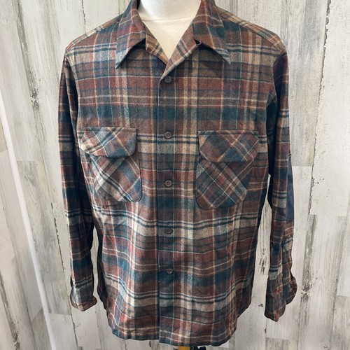 Pendleton Vintage Pure Virgin Wool Plaid Button Shirt XL USA Elbow Patches Flaw