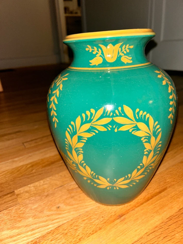 Jarrón italiano de cerámica sin marca de oro verde de 11 pulgadas decorativo antiguo Foto 4 de 4