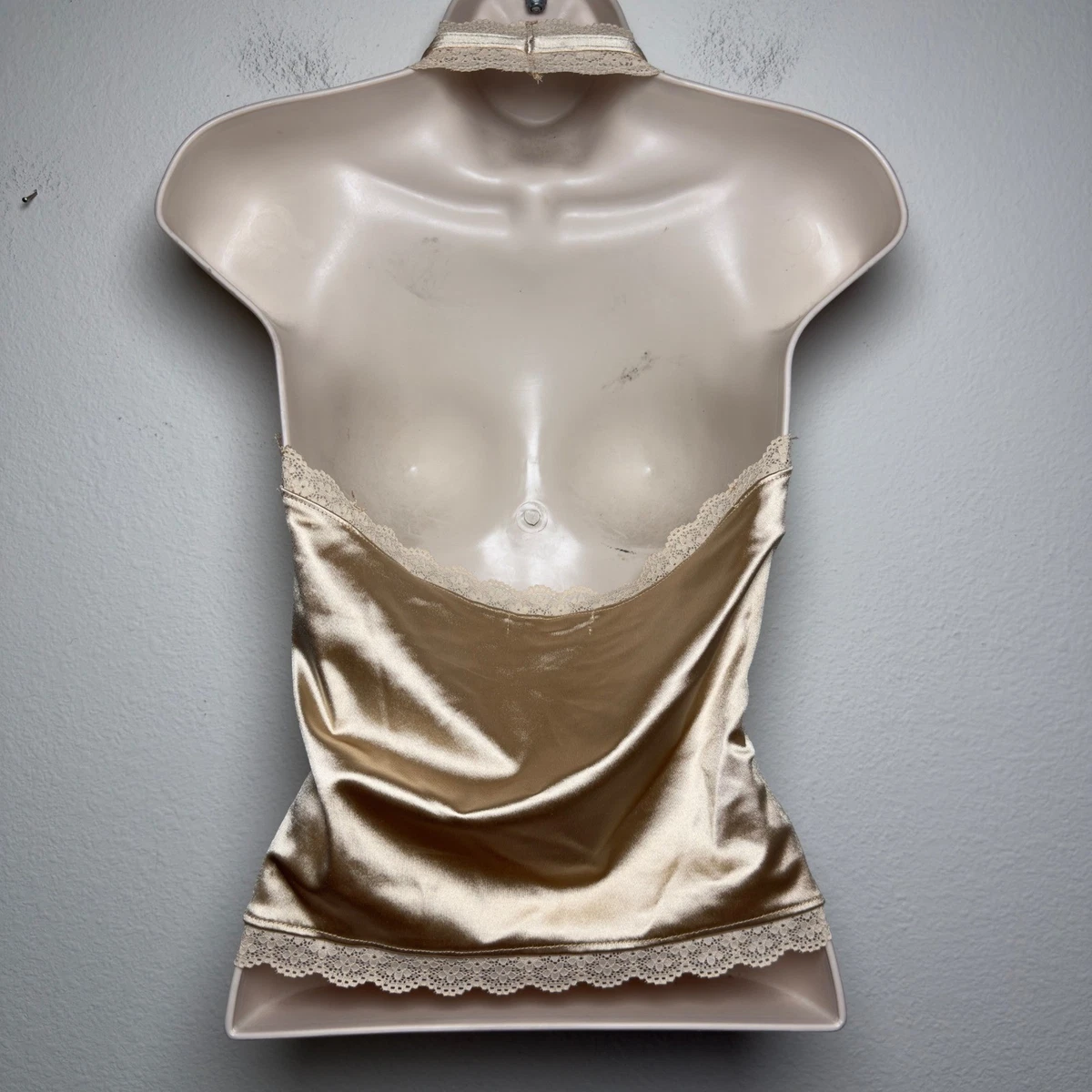 Thirty Thirty Women Y2K Halter Fairy Top Gold Satin Lace Trim Open Back Club