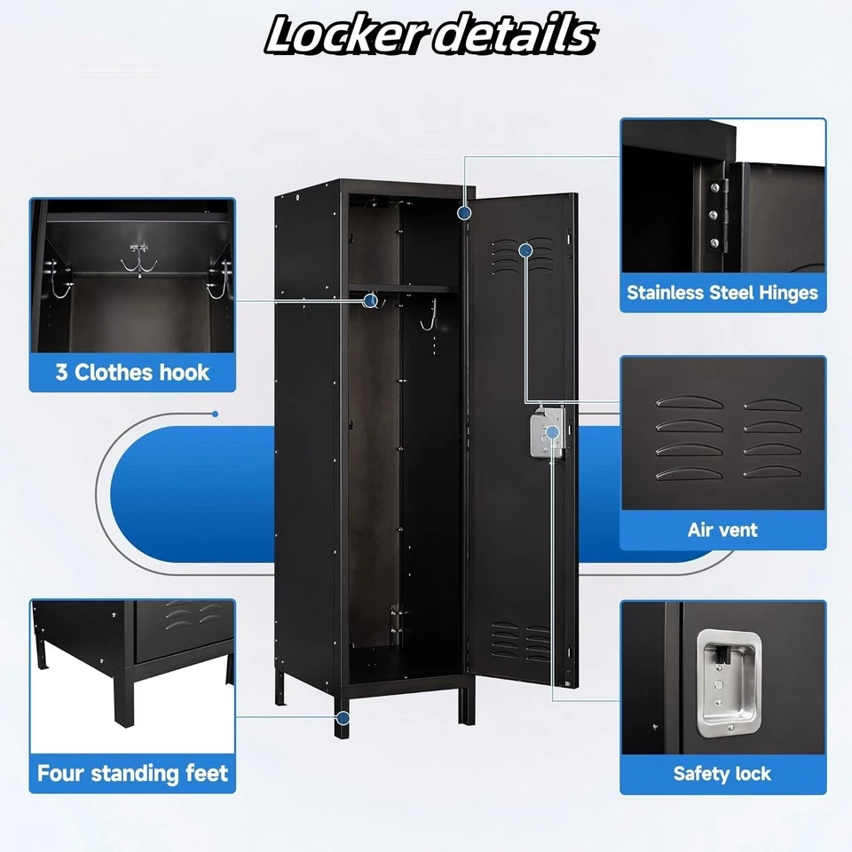 Armarios vintage, armarios metálicos bloqueables con 3 ganchos, armarios de una sola puerta Foto 4 de 4