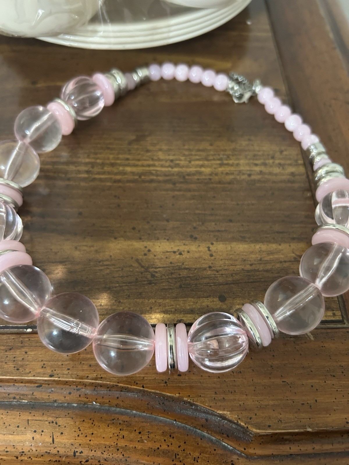 Pink & Clear Beaded Statement Necklace, Silver Tone, Adjustable 18-20