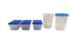 Lot of 5 Food Storage Containers Blue Lids Round  Rectangular Plastic Pre-Owned