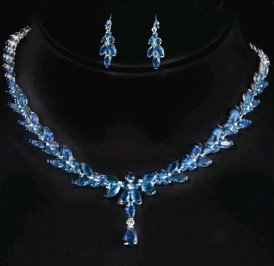 18k White Gold Plated Necklace & Earrings Simulated Swarovski Cerulean Stone