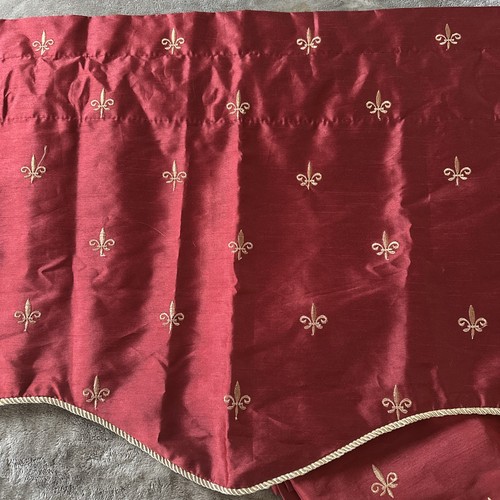 Pair A.L. Ellis Duchess Scallop Valance 70"W X 19.5” Gold Fleur de lis Dark Red