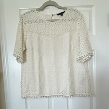 Banana Republic Ivory Lace Pom Pom Accent Short Sleeve Blouse Size L