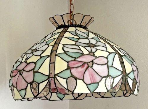 Vintage Tiffany Style Ceiling Lamp Stained Glass Floral 21"x13"