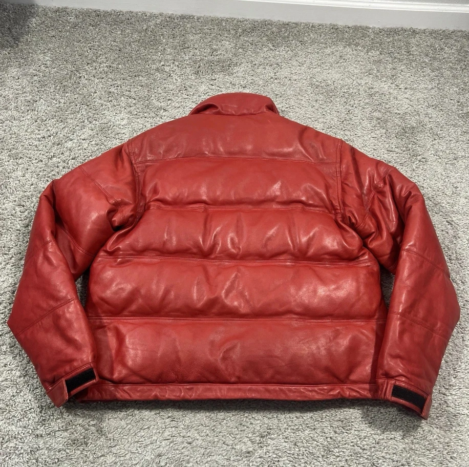 Men’s Red Real Leather Puffer Jacket Vintage Bomber Coat Winter Warm Outerwear - Image 2 of 4