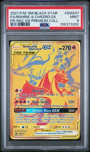 2021 POKEMON SM BLACK STAR PROMO #SM247 FULL ART/RESHIRAM & CHARIZARD GX PSA 9