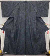 Japanese Vintage Kimono Silk Black Oshima Traditional Authentic Length 60 in