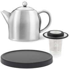 Teekanne Set 0.5 L Edelstahl matt doppelwandig Holz Untersetzer schwarz & Filter