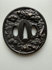 Japanese Katana Tsuba Cloud Pattern Animal Carving Metal Round Antique