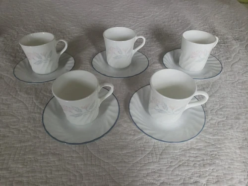 5 Sets Corning Corelle Pink Blue Trio Coffee Tea Cups & Saucers Swirl Flowers