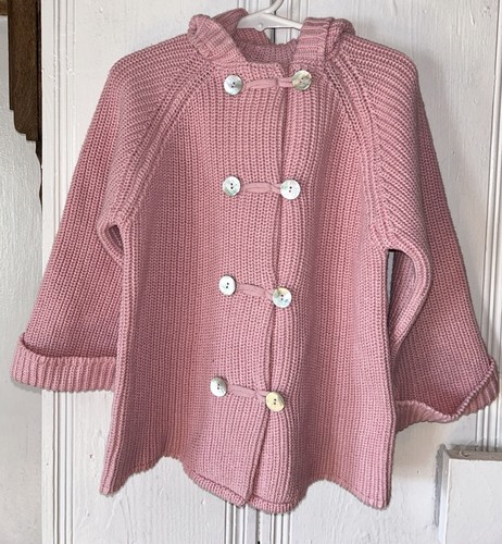 Girls Hood Winter Pink Knit Cardigan 100% Cotton Size 3T Mother Of Pearl Buttons
