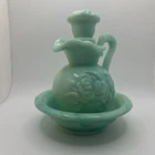 Vintage Avon Milk Glass Pitcher And Bowl Jadeite Blue Green With Roses Stopper