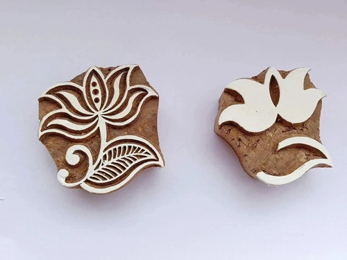 Wooden Stamp Lotus Hand Carved Fabric Printing Block Textile Stamps Pack of 2 - Picture 2 of 4