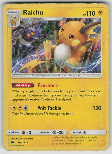 Raichu 41/147 Holo Rare Burning Shadows Pokemon Heavily Played